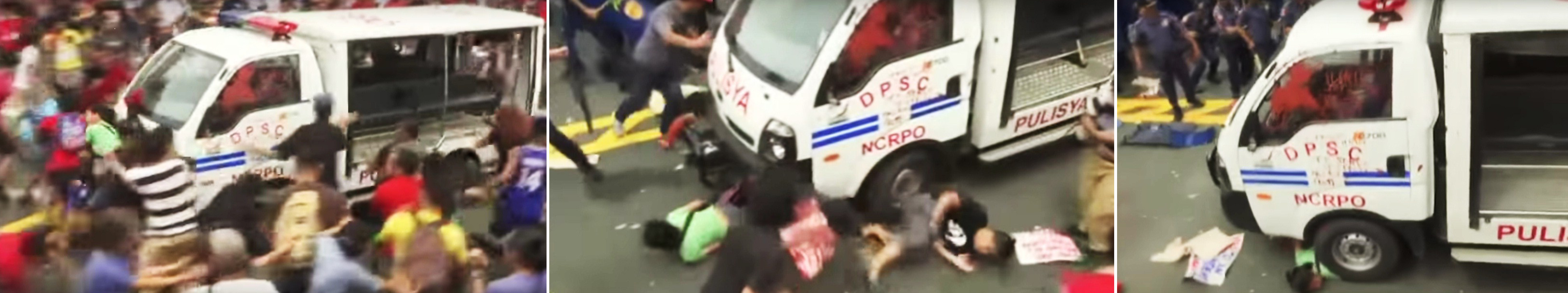 RAM. Screenshots from an Associated Press video posted on Youtube shows a police van ploughing through demonstrators outside the US Embassy in Manila on Wednesday. The incident has sparked a public outrage over the intolerance of the police toward citizens exercising the right to free expression. The woman in green has been identified as Nicole Soria.