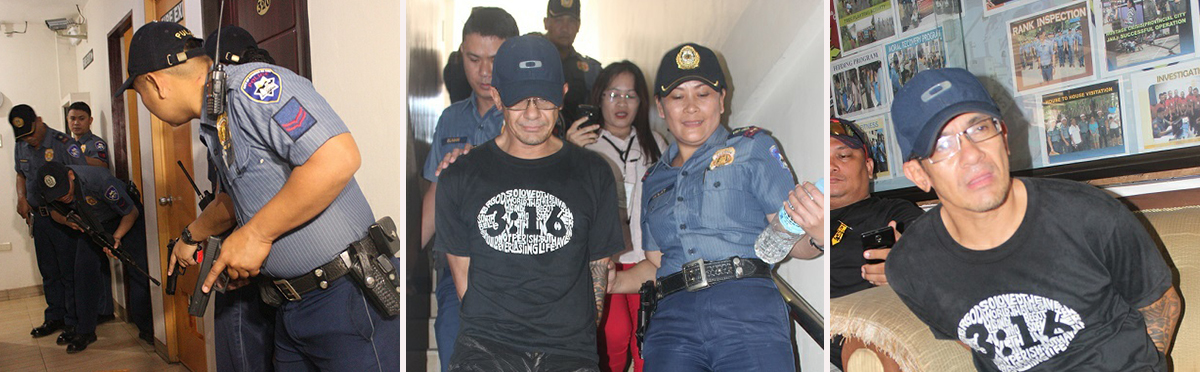 AGAIN? Police officers position themselves as they prepare to pounce on controversial smuggling and drug suspect Lynard Allan Bigcas inside an inn on Corrales Ave.-Ramonal St. yesterday morning for allegedly threatening a police officer with a pistol. He is then escorted down the stairs by Senior Insp. Maricris Mulat, and then brought to the Divisoria police station where he is detained. Police seized from Bigcas an unlicensed 9mm pistol. Bigcas has been linked to big-time car and motorcycle smuggling, linked to a shooting in Davao, and then arrested by narcotics agents here. (PHOTOS BY NITZ ARANCON)
