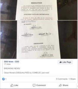 Comelec commissioner denies Moreno disqualification