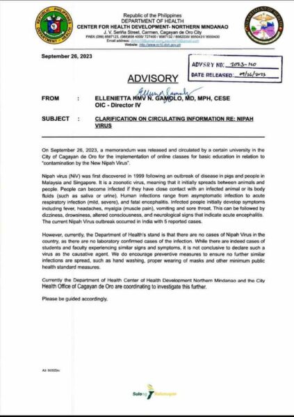 DOH-10 denies Nipah virus claim