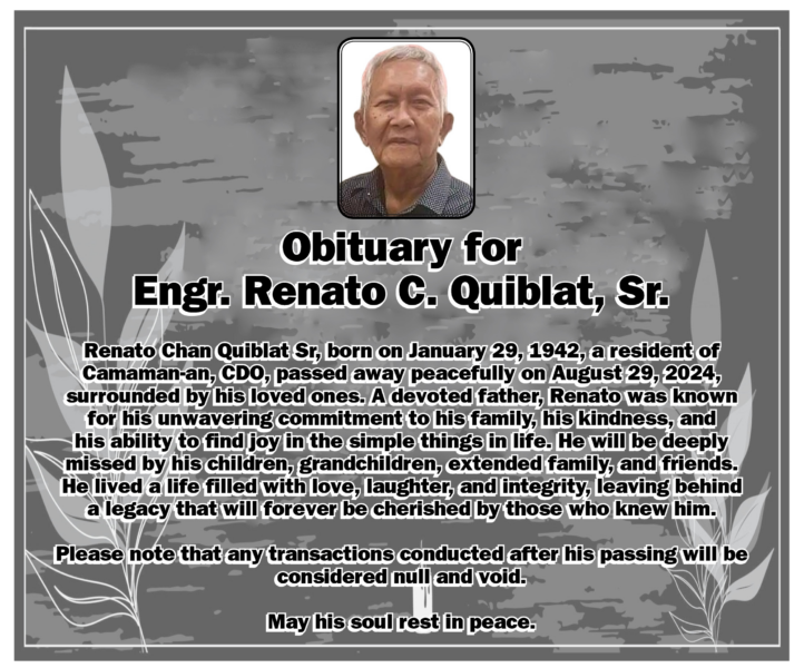 Obituary:  Engr. Renato C. Quiblat Sr., 82