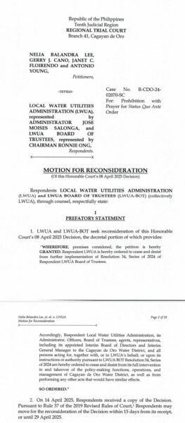 LWUA files motion for reconsideration on Oro water case