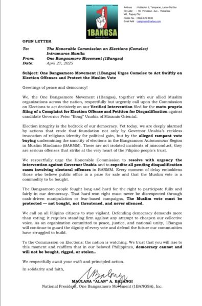 1Bangsa presses Comelec to act vs Unabia