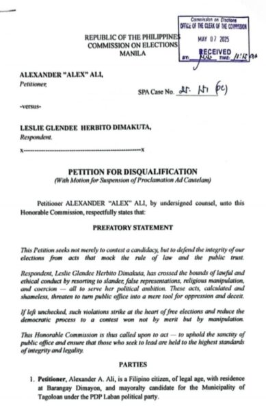 Tagoloan mayoral bet files DQ case against rival