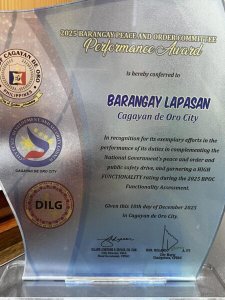 Oro honors Lapasan as top performer in peace and order
