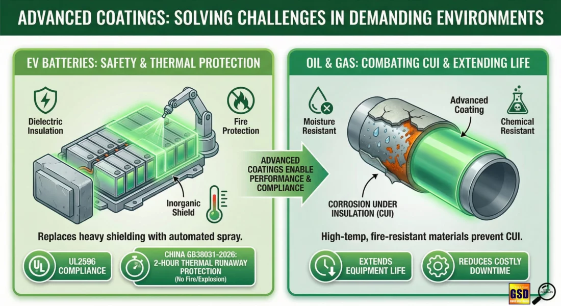 An industrial infographic titled "Advanced Coatings: Solving Challenges in Demanding Environments." It highlights dielectric insulation and fire protection for EV batteries (UL2596 compliant) and moisture/chemical resistant coatings to combat Corrosion Under Insulation (CUI) in the oil and gas sector.