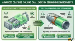 An industrial infographic titled "Advanced Coatings: Solving Challenges in Demanding Environments." It highlights dielectric insulation and fire protection for EV batteries (UL2596 compliant) and moisture/chemical resistant coatings to combat Corrosion Under Insulation (CUI) in the oil and gas sector.