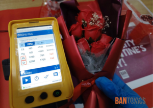 XRF analyzer showing a "Fail" result for lead and chromium in a plastic Valentine’s Day bouquet.