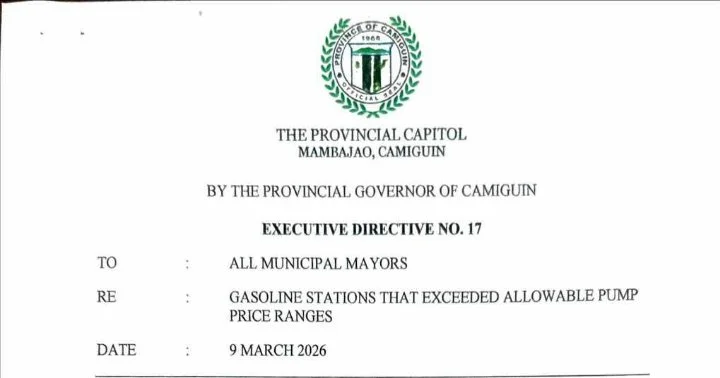 Official scanned document of Camiguin Executive Directive No. 17 issued by Governor Xavier Jesus Romualdo, ordering show cause orders for 19 gasoline stations allegedly overpricing fuel.