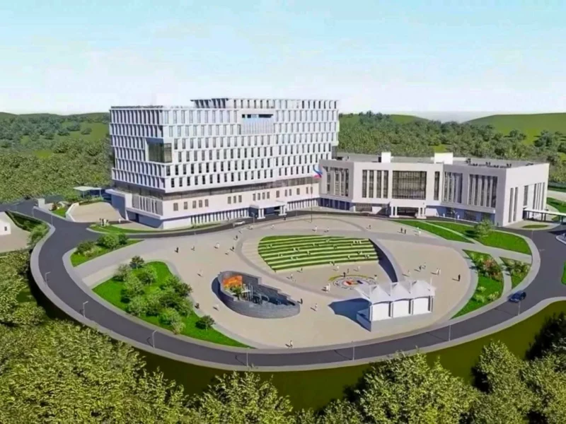 An aerial rendering of the proposed Cagayan de Oro City Government Complex, showing the multi-story executive and legislative buildings, sports facilities, and surrounding commercial spaces at SM Bypass.