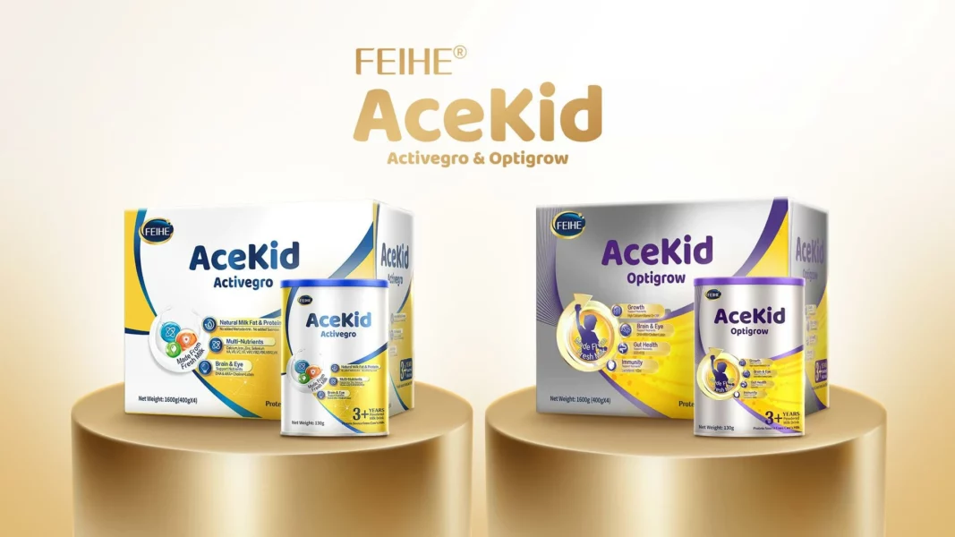 FEIHE AceKid Activegro and Optigrow Halal-certified fresh milk formula products for children.