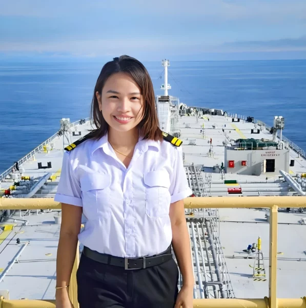 Second Officer KC Abigail Chin-Sood conducting cargo operations and maintenance checks, demonstrating technical expertise and operational safety on board an international tanker.