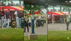 US military troops with luggage and security personnel at Lumbia Air Base in Cagayan de Oro.