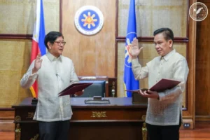 President Ferdinand "Bongbong" Marcos Jr. administering the oath of office to Mel Senen Sarmiento as the new Presidential Adviser on Peace, Reconciliation and Unity (OPAPRU) at Malacañang Palace.