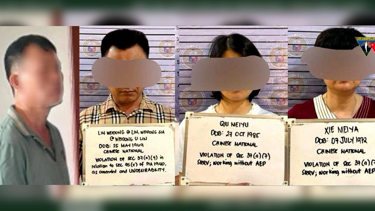 Four Chinese nationals, including Lin Weidong and Lin Wenyu, arrested in Zamboanga for immigration violations, falsification of documents, and posing a risk to national security.
