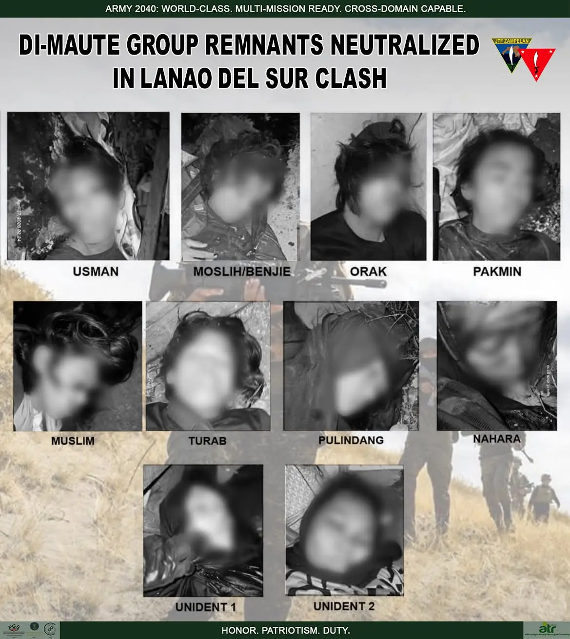 Philippine Army 1ID troops during the successful April 17 operation in Lanao del Sur that resulted in 10 Dawlah-Islamiyah Maute Group members killed, including a senior leader.