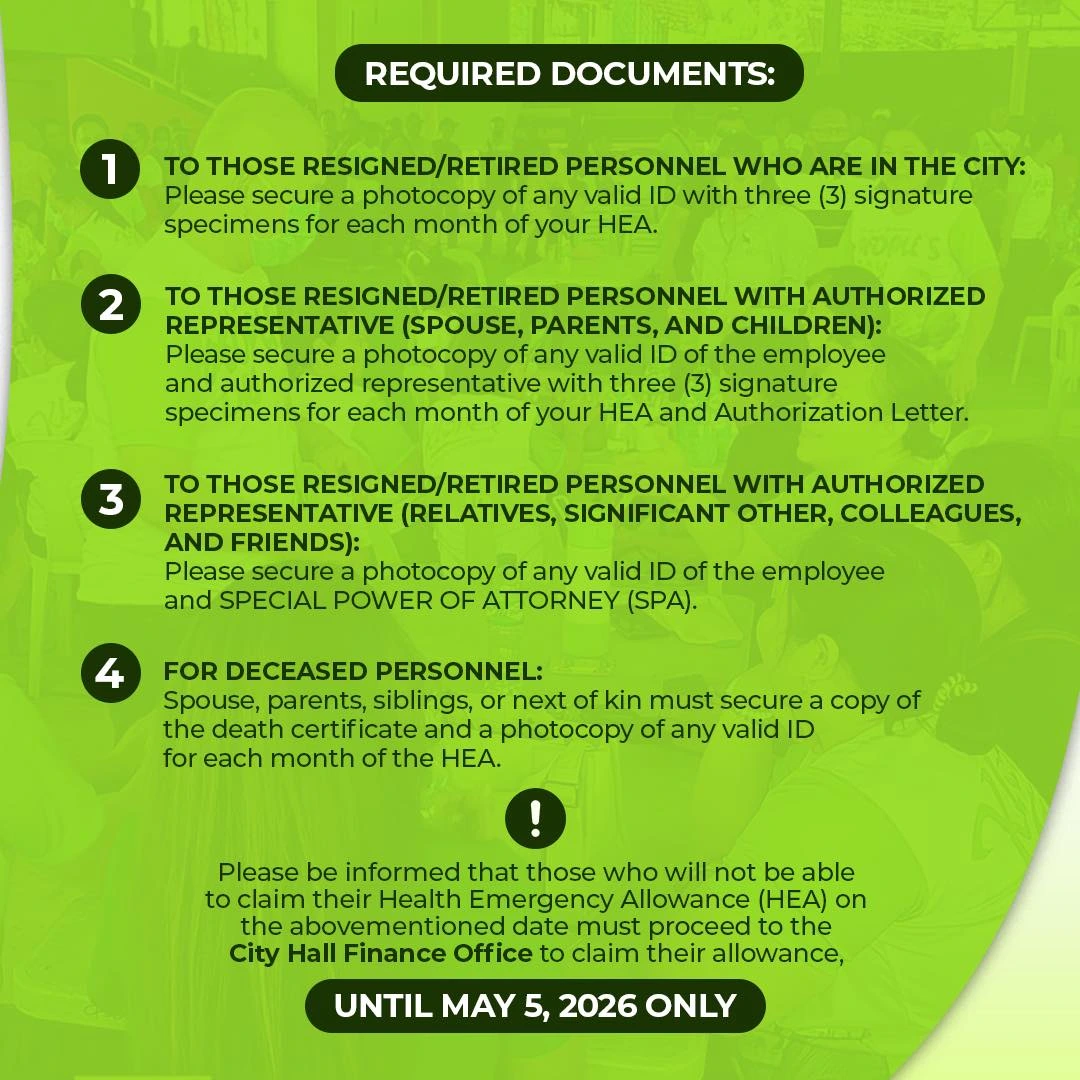 An infographic detailing the required documents for claiming the Health Emergency Allowance (HEA) in Cagayan de Oro. It lists four categories: resigned/retired personnel in the city, claims via authorized representatives (family or friends/colleagues), and claims for deceased personnel. It highlights a final deadline of May 5, 2026, at the City Hall Finance Office.