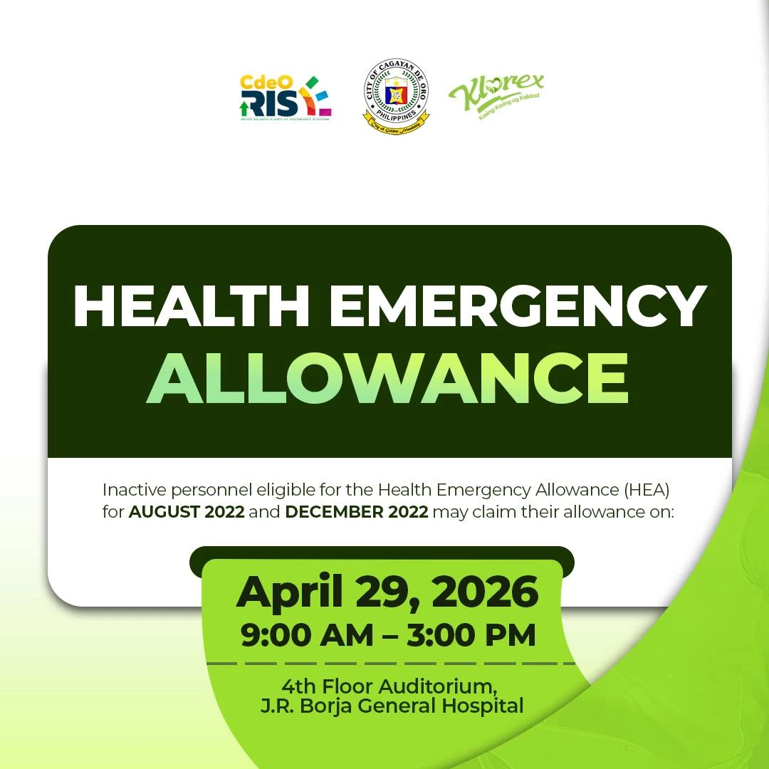 An infographic detailing the required documents for claiming the Health Emergency Allowance (HEA) in Cagayan de Oro. It lists four categories: resigned/retired personnel in the city, claims via authorized representatives (family or friends/colleagues), and claims for deceased personnel. It highlights a final deadline of May 5, 2026, at the City Hall Finance Office.