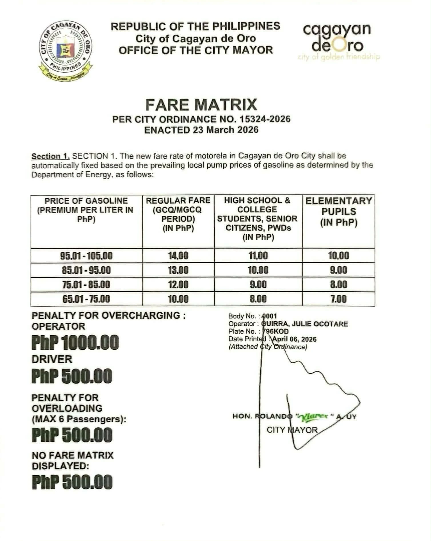 Close-up of the new motorela fare matrix for Cagayan de Oro showing the ₱14 regular and ₱11 discounted rates.