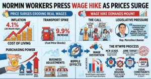 Infographic titled 'NORMIN WORKERS PRESS WAGE HIKE AS PRICES SURGE', illustrating the relationship between 4.1% inflation, rising costs of living, and the mountaing demands for a regional wage hike in Northern Mindanao. The visual highlights specific data like the 9.9% transport cost increase and outlines the RTWPB process, featuring quotes from legislative pressure groups.