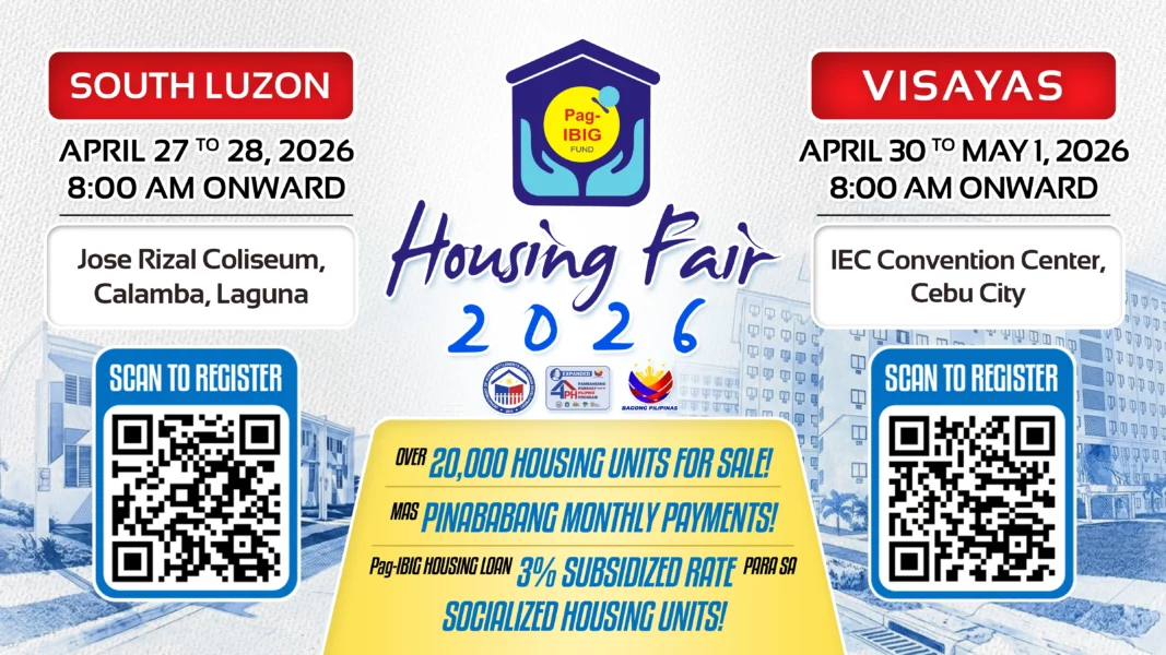 Official poster for Pag-IBIG Housing Fair 2026 in Calamba, Laguna and Cebu City, featuring 20,000 housing units and 3% subsidized interest rates.
