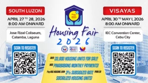 Official poster for Pag-IBIG Housing Fair 2026 in Calamba, Laguna and Cebu City, featuring 20,000 housing units and 3% subsidized interest rates.