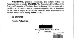 Official document from the Department of Justice regarding the perjury case reinstatement against Camiguin businessman Paul Rodriguez following a motion by Governor Xavier Jesus Romualdo.