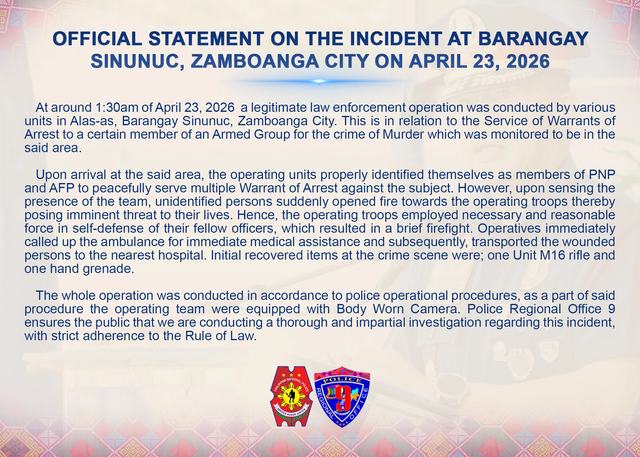 Official statement from Police Regional Office 9 regarding a law enforcement operation in Barangay Sinunuc, Zamboanga City on April 23, 2026. The statement details a brief firefight during the service of warrants of arrest and the recovery of an M16 rifle and a hand grenade.