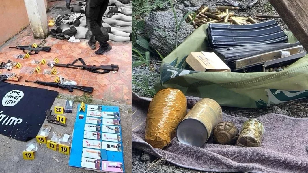 A cache of recovered firearms, improvised explosive device (IED) components, and ammunition seized from the Dawlah Islamiya-Maute Group after a joint operation in Lanao del Sur.