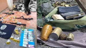 A cache of recovered firearms, improvised explosive device (IED) components, and ammunition seized from the Dawlah Islamiya-Maute Group after a joint operation in Lanao del Sur.