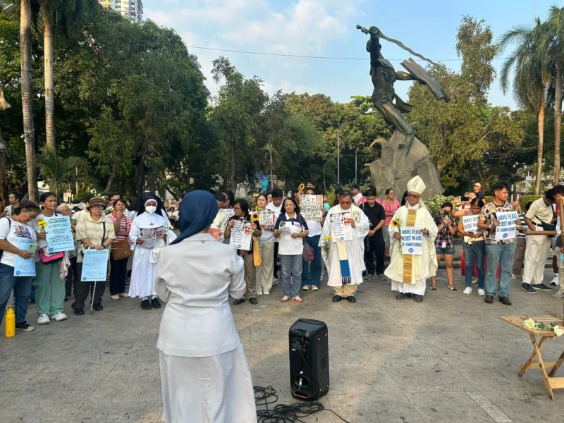 FFW President Atty. Sonny Matula and civil society leaders gathering at Our Lady of Remedies Church in Malate to demand a wage hike and fuel tax suspension.