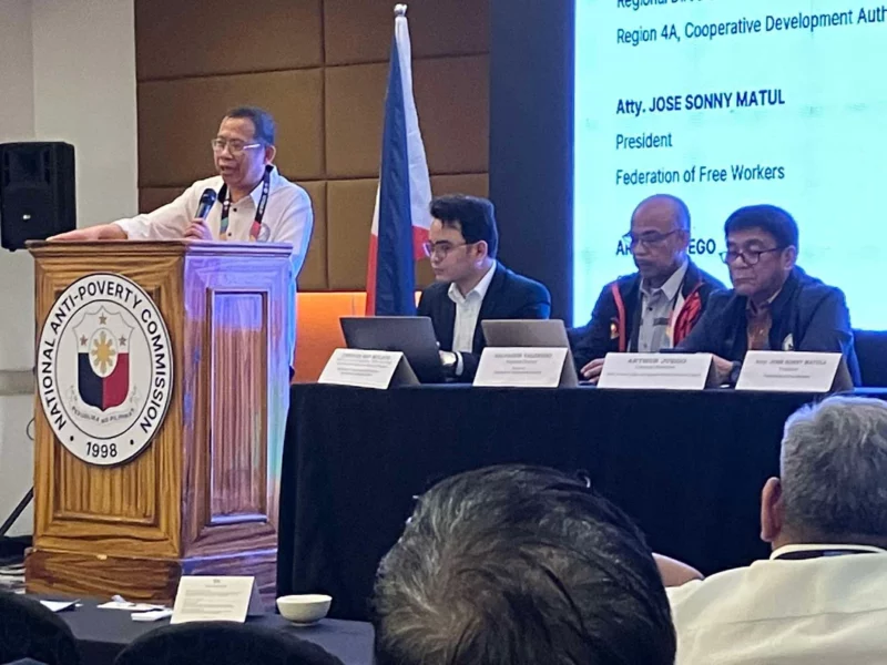 Lawyer Sonny Matula, Federation of Free Workers president, speaking about the 1987 Constitution and West Philippine Sea sovereignty at the National Anti-Poverty Commission Forum.