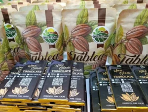 Freshly made cacao-based pastries and chocolate products produced on-site at Uma ni Candi farm.