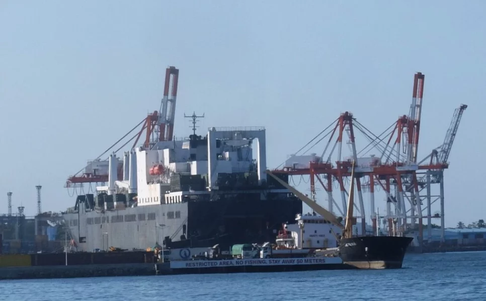 American cargo ship USNS Seay docked at Macabalan Port in Cagayan de Oro City offloading US Marine combat equipment for Balikatan 2026.