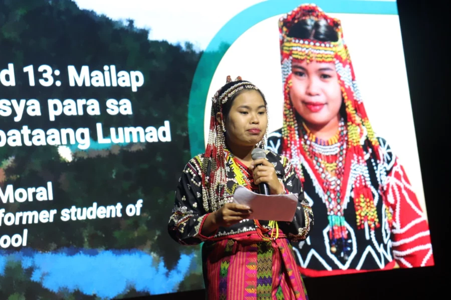 Angelika Moral, spokesperson for SOS Network Mindanao, speaking at a press event defending Indigenous children's right to education and ancestral lands following the CHR report on red-tagging.