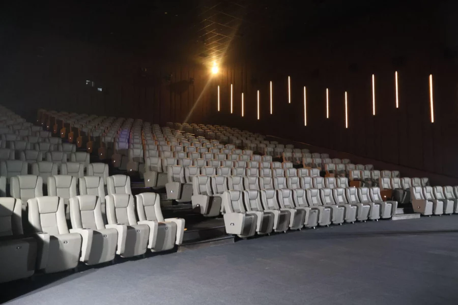 Wide-angle shot of the new ergonomic leather seats and ambient lighting inside the upgraded Cinema 2 at Ayala Malls Centrio, Cagayan de Oro.