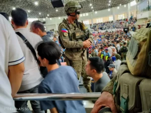 An armed soldier providing security at the Lanao del Sur Provincial Gymnasium in Marawi City during the filing of Certificates of Candidacy for the BARMM parliamentary elections.