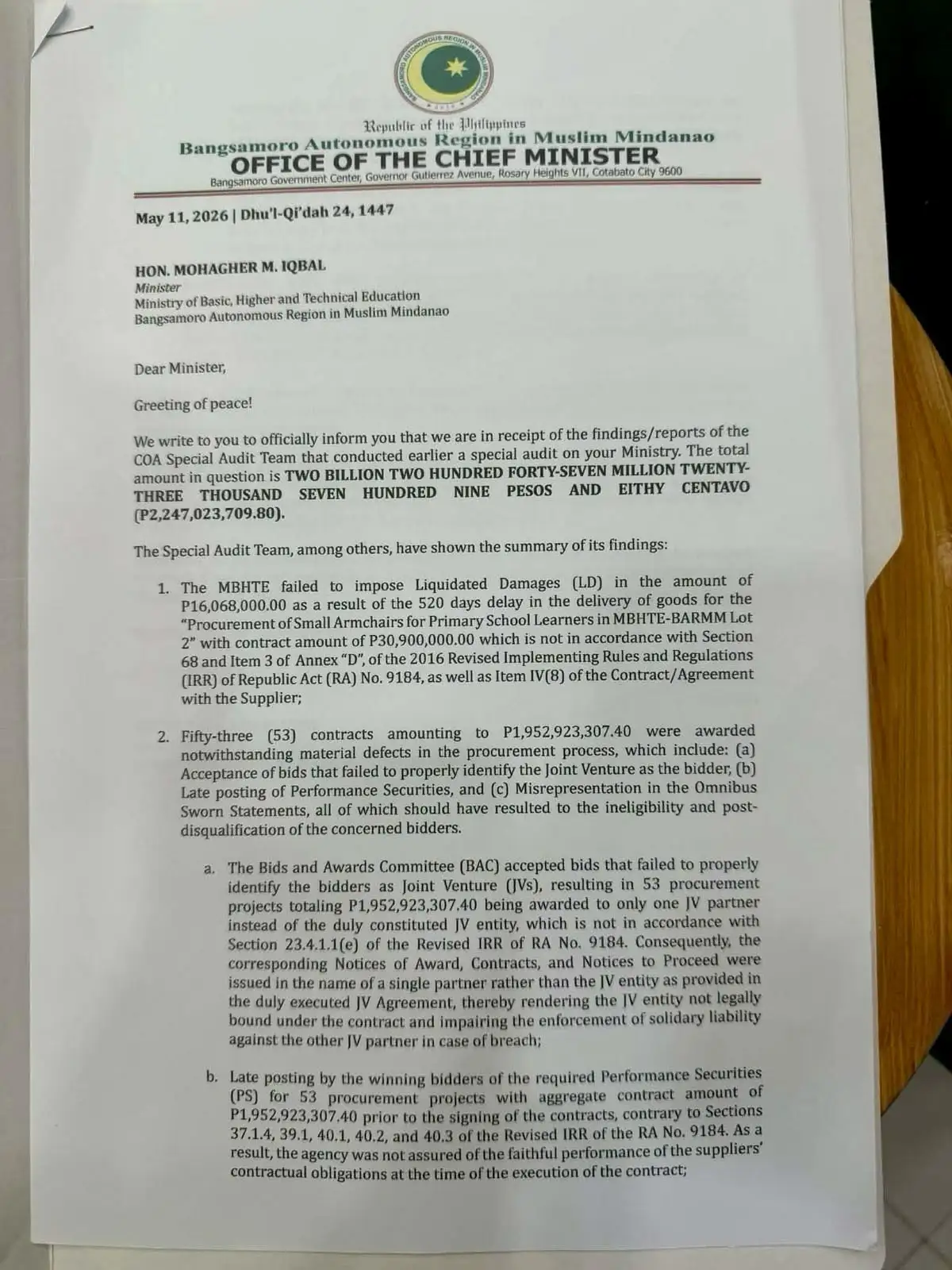 The official BARMM memorandum detailing ₱2.2 billion in flagged MBHTE procurement violations and missing documentation.