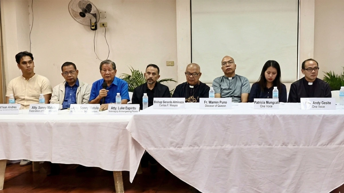 Bishop Gerry Alminaza and labor leaders during a press conference calling for the Senate impeachment trial of Vice President Sara Duterte.