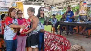 A two-panel photo showing members of the Fraternal Order of Eagles NMR 12 Bagwis Dos distributing sacks of rice and food packs to fire-affected residents in Barangay Camaman-an, Cagayan de Oro City, with Regional Governor Kuya Archie C. Ello speaking in the background.