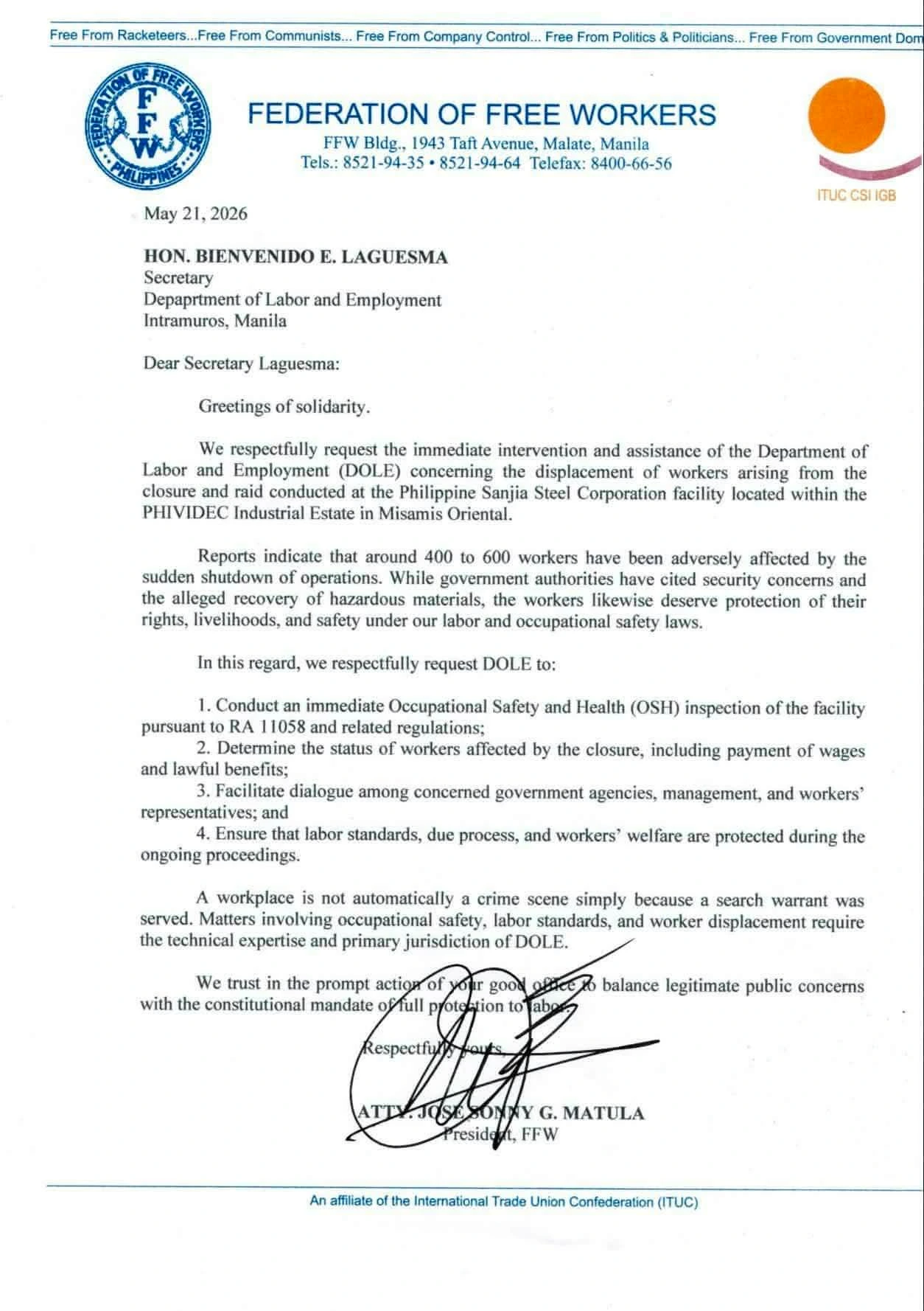 The official petition letter from the Federation of Free Workers to DOLE requesting intervention for displaced Sanjia Steel factory workers.