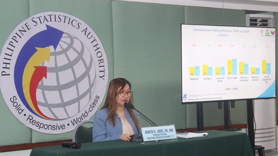 Philippine Statistics Authority Region X Regional Director Janith C. Aves speaks at a podium in Cagayan de Oro City next to a digital data chart showing the 2024 and 2025 unemployment rates by province.