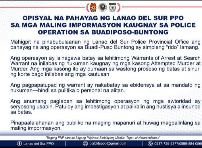 Official statement from Lanao del Sur PPO Col. Caesar Cabuhat denying rido claims regarding the Buadi-Puso Buntong operation.