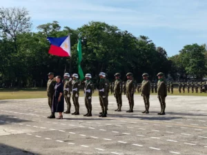 Retired 4ID commander Major General Michele Anayron speaking emotionally during his retirement ceremony at Camp Evangelista, honoring his wife Lorelaine for her sacrifices as a military spouse.