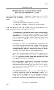 The front page of the formal legal supplemental position paper submitted on May 18 regarding the Manresa property land-use dispute before the DENR.