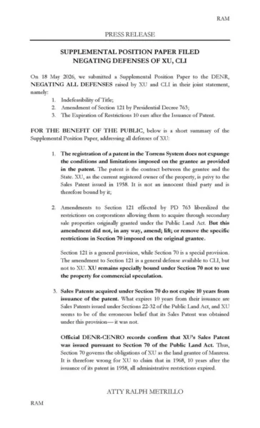 The front page of the formal legal supplemental position paper submitted on May 18 regarding the Manresa property land-use dispute before the DENR.