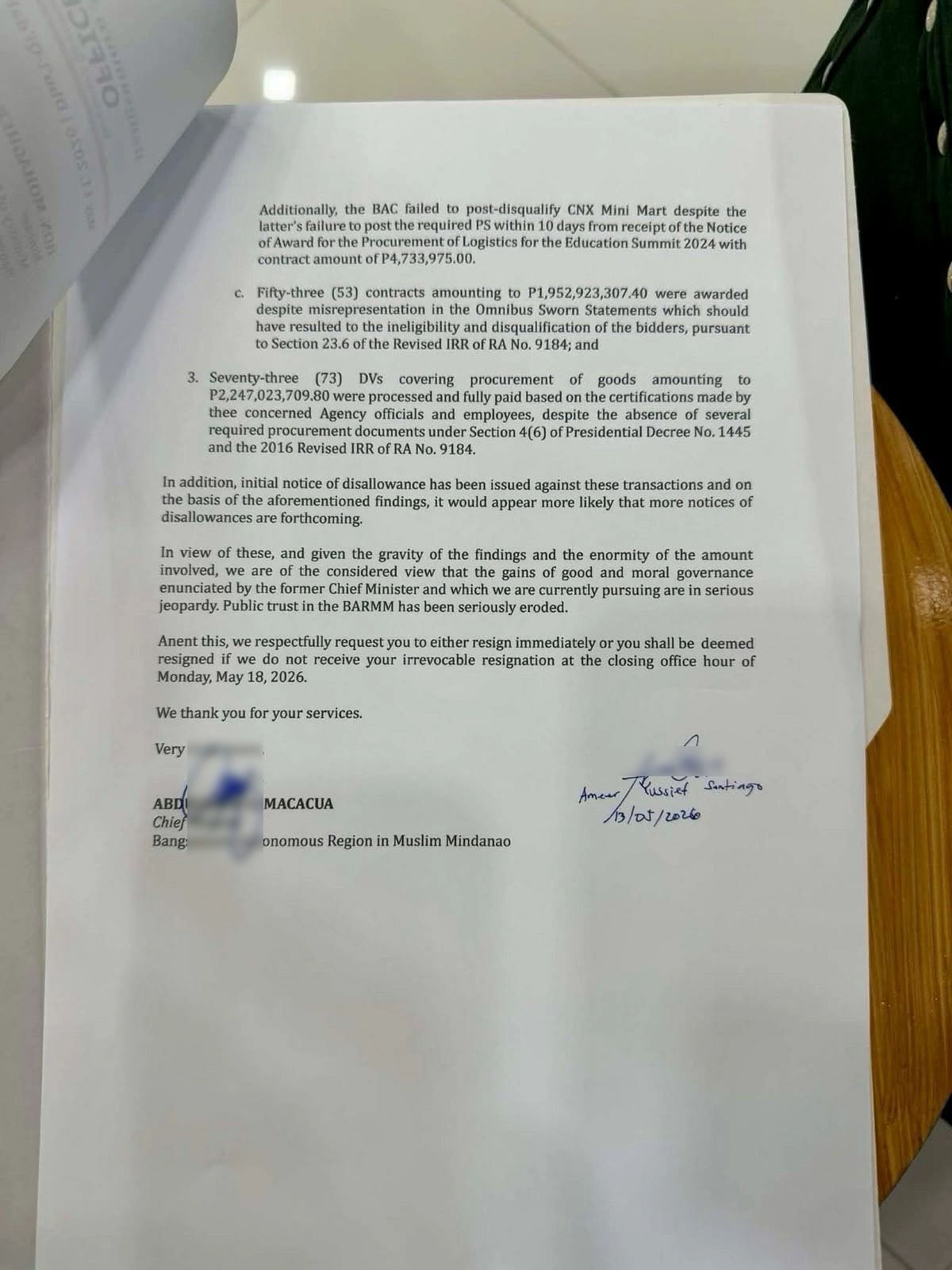 Signature page of the BARMM memorandum serving a May 18 resignation ultimatum to Education Minister Mohagher Iqbal.