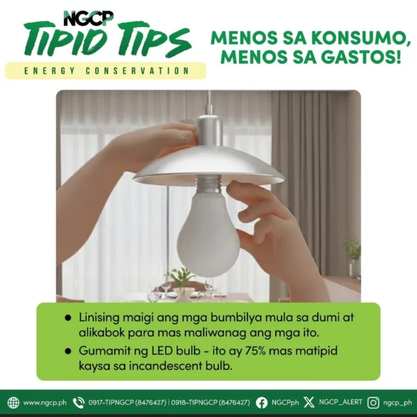 An official infographic from the National Grid Corporation of the Philippines outlining summer energy conservation habits, including cleaning light fixtures and switching to efficient LED bulbs.