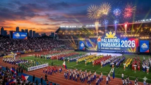 Wide shot of the crowded sports complex stadium during the Palarong Pambansa 2026 opening ceremony in Agusan del Sur.