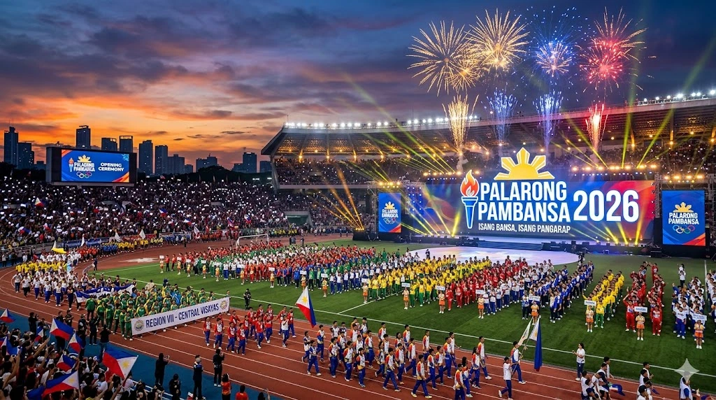 Wide shot of the crowded sports complex stadium during the Palarong Pambansa 2026 opening ceremony in Agusan del Sur.